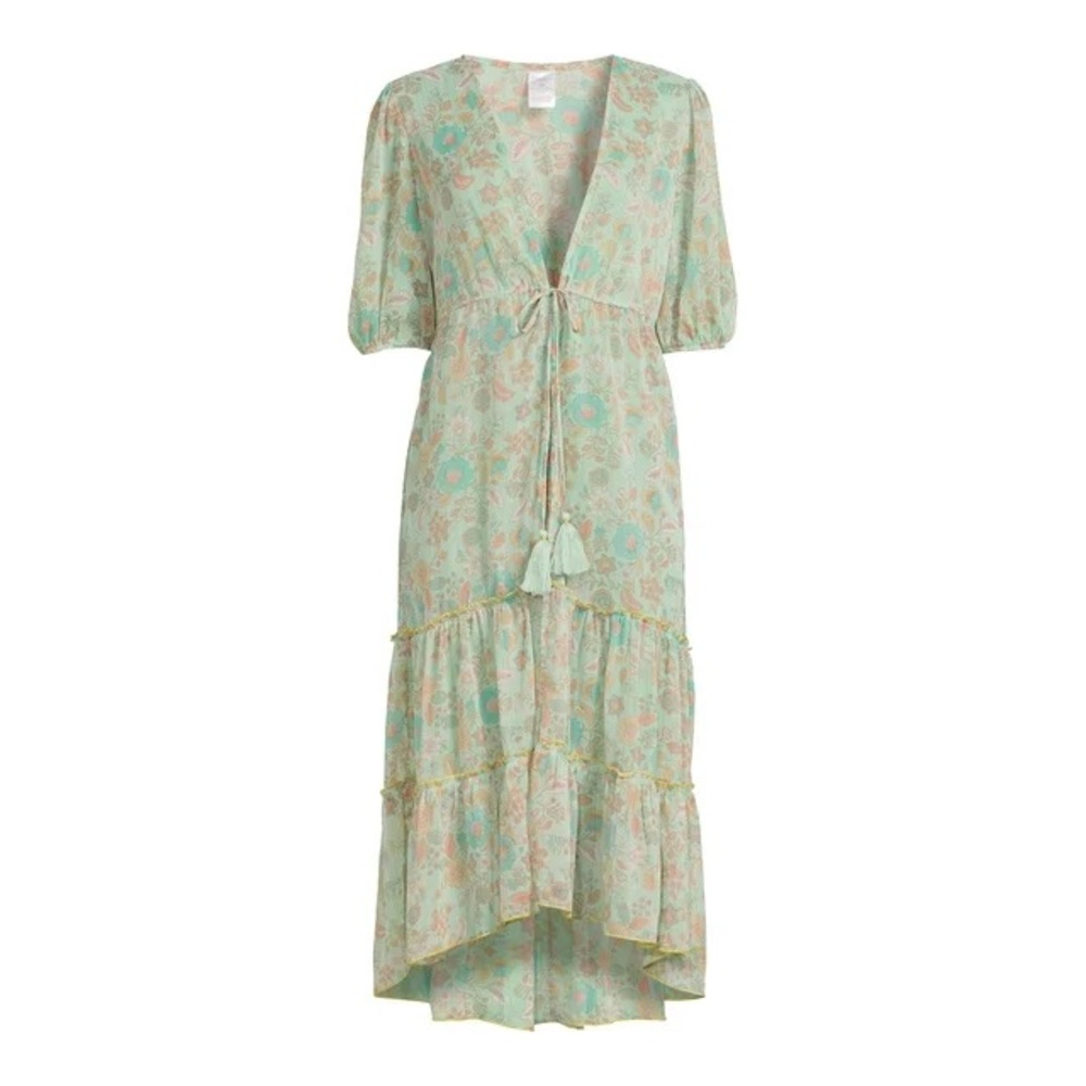NB Women's Tiered Tie Front Layering Piece,Floral Print swim coverup Bech Dress